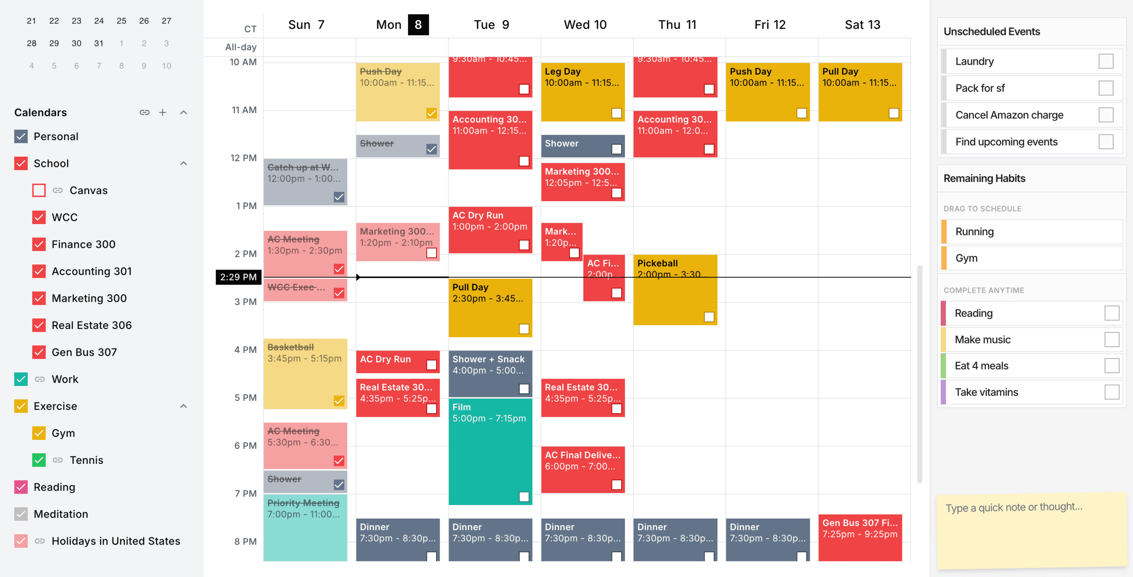 Priority calendar with multi-source events and unscheduled tasks sidebar